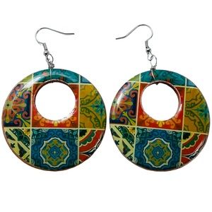 Large boho hippie textile colorful circle earrings NEW